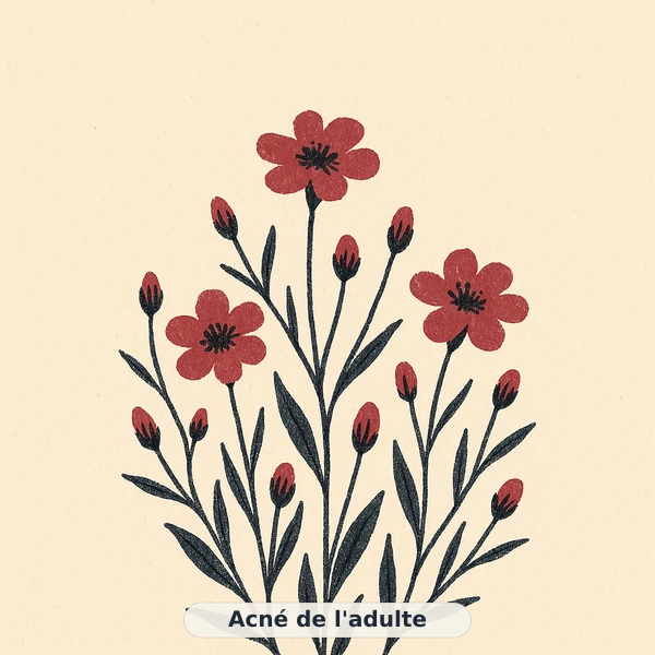 Illustration éditoriale du symptôme « Acné de l'adulte » : champ de petites fleurs sauvages aux boutons fermés, représentation apaisante évoquant un déséquilibre de beauté de la peau