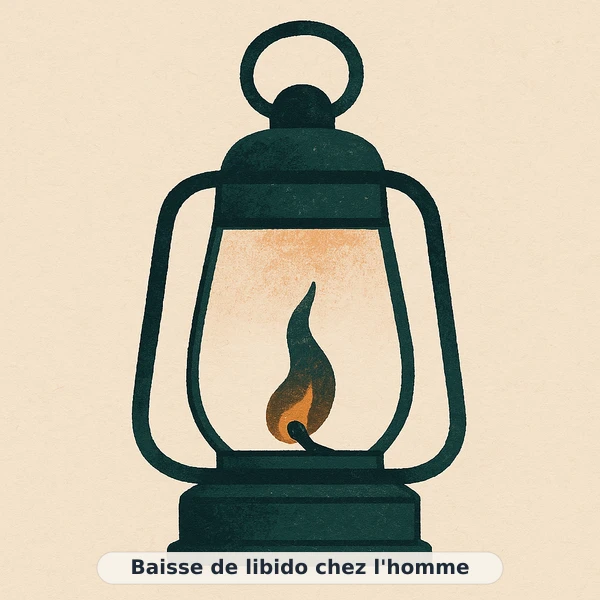 Illustration éditoriale du symptôme « Baisse de libido chez l'homme » : flamme de lanterne vacillant doucement, représentation apaisante évoquant un déséquilibre de vitalité masculine