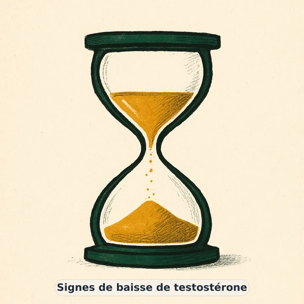 Illustration éditoriale du symptôme « Signes de baisse de testostérone » : sablier au sable doré qui s'écoule, représentation apaisante évoquant un déséquilibre de vitalité masculine