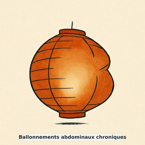 Illustration éditoriale du symptôme « Ballonnements abdominaux chroniques » : lanterne de papier légèrement gonflée, représentation apaisante évoquant un déséquilibre de gestion du poids