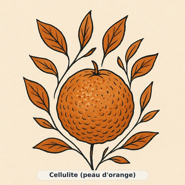 Illustration éditoriale du symptôme « Cellulite (peau d'orange) » : métaphore visuelle apaisante évoquant un déséquilibre de gestion du poids