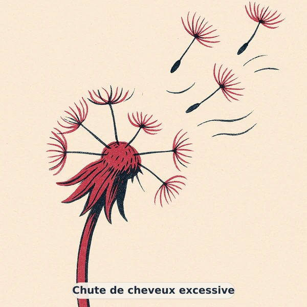 Illustration éditoriale du symptôme « Chute de cheveux excessive » : pissenlit perdant ses graines au vent, représentation apaisante évoquant un déséquilibre de beauté de la peau