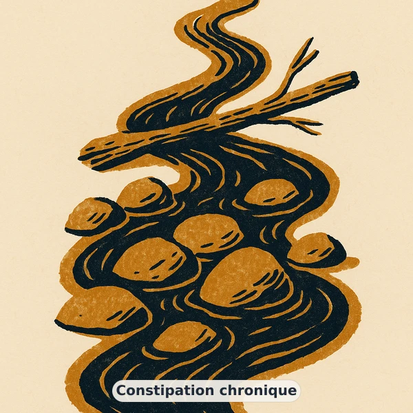 Illustration éditoriale du symptôme « Constipation chronique » : rivière ralentie par pierres et branches, représentation apaisante évoquant un déséquilibre de confort digestif