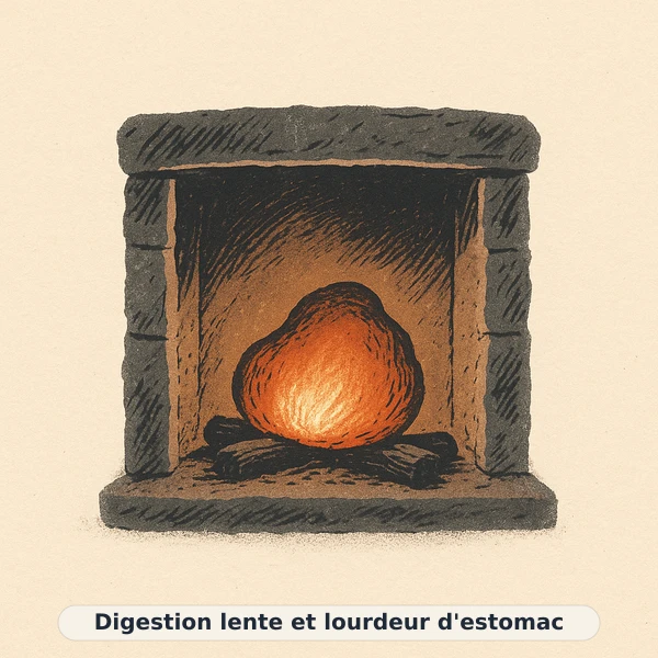 Illustration éditoriale du symptôme « Digestion lente et lourdeur d'estomac » : braise lente dans un foyer, représentation apaisante évoquant un déséquilibre de gestion du poids