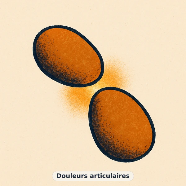 Illustration éditoriale du symptôme « Douleurs articulaires » : métaphore visuelle apaisante évoquant un déséquilibre de énergie et vitalité