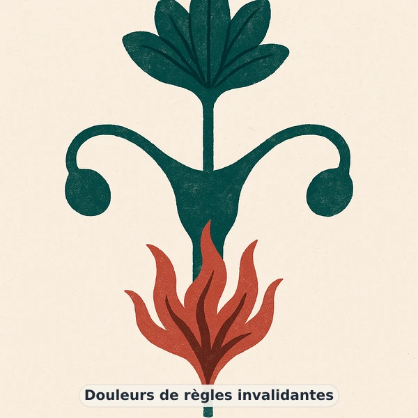 Illustration éditoriale du symptôme « Douleurs de règles invalidantes » : pivoine aux pétales légèrement froissés, représentation apaisante évoquant un déséquilibre de santé féminine et fertilité