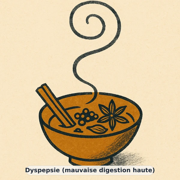 Illustration éditoriale du symptôme « Dyspepsie (mauvaise digestion haute) » : métaphore visuelle apaisante évoquant un déséquilibre de confort digestif