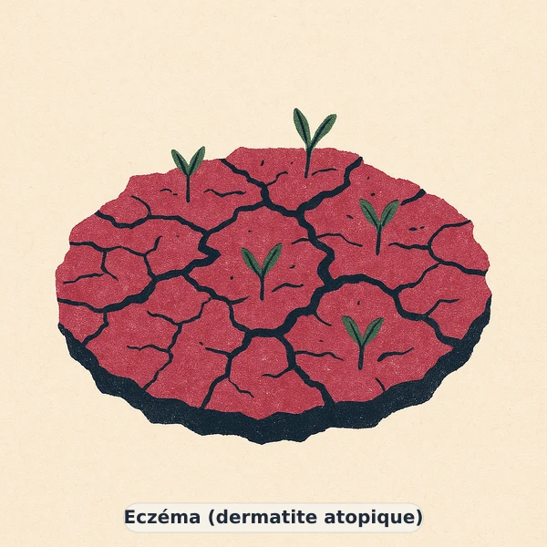 Illustration éditoriale du symptôme « Eczéma (dermatite atopique) » : métaphore visuelle apaisante évoquant un déséquilibre de beauté de la peau