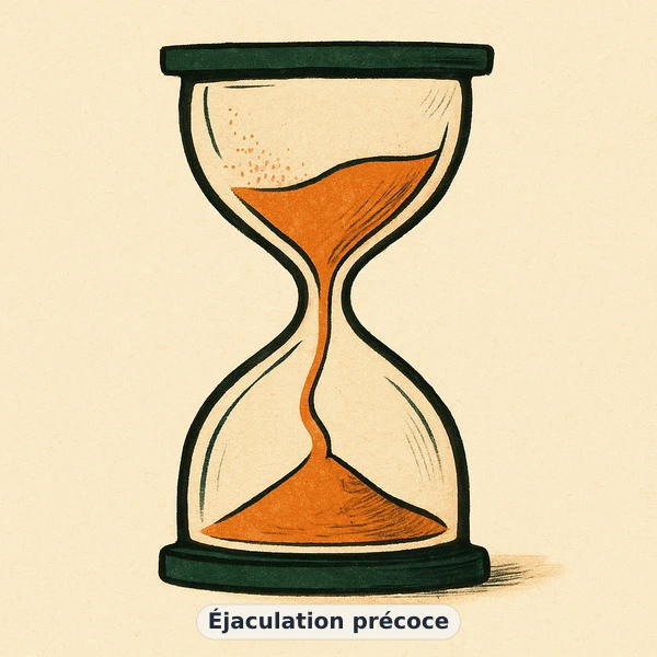 Illustration éditoriale du symptôme « Éjaculation précoce » : métaphore visuelle apaisante évoquant un déséquilibre de vitalité masculine