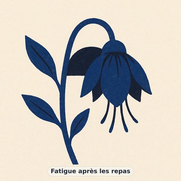 Illustration éditoriale du symptôme « Fatigue après les repas » : soleil de midi obscurci par une brume légère, représentation apaisante évoquant un déséquilibre de équilibre glycémique
