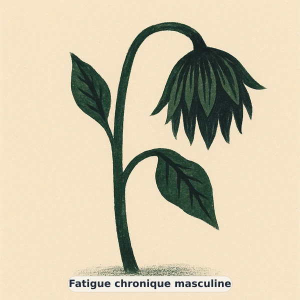 Illustration éditoriale du symptôme « Fatigue chronique masculine » : lampe-tempête à la mèche presque consumée, représentation apaisante évoquant un déséquilibre de vitalité masculine