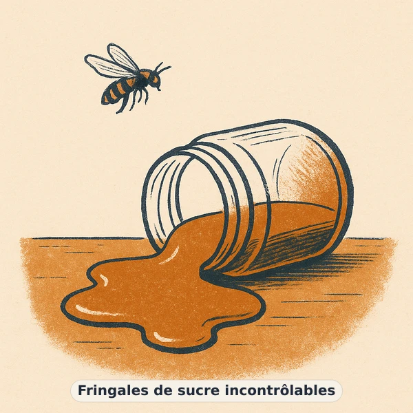 Illustration éditoriale du symptôme « Fringales de sucre incontrôlables » : pot de miel renversé avec une abeille en vol, représentation apaisante évoquant un déséquilibre de gestion du poids