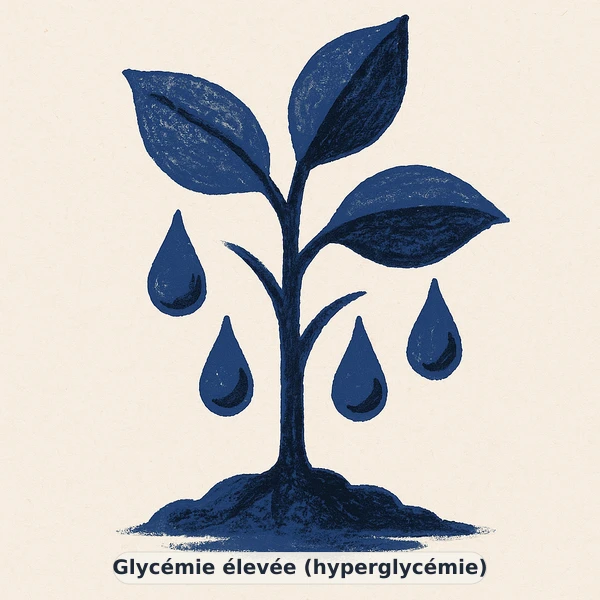 Illustration éditoriale du symptôme « Glycémie élevée (hyperglycémie) » : balance déséquilibrée vers une amphore lumineuse, représentation apaisante évoquant un déséquilibre de équilibre glycémique