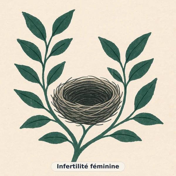 Illustration éditoriale du symptôme « Infertilité féminine » : métaphore visuelle apaisante évoquant un déséquilibre de santé féminine