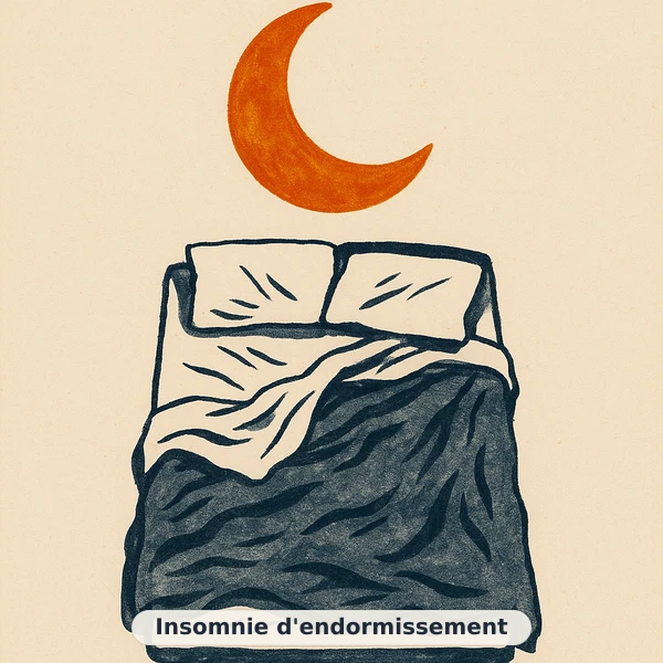 Illustration éditoriale du symptôme « Insomnie d'endormissement » : croissant de lune sur un lit défait, vu d'en haut, représentation apaisante évoquant un déséquilibre de énergie et vitalité