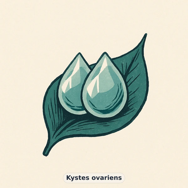 Illustration éditoriale du symptôme « Kystes ovariens » : métaphore visuelle apaisante évoquant un déséquilibre de santé féminine