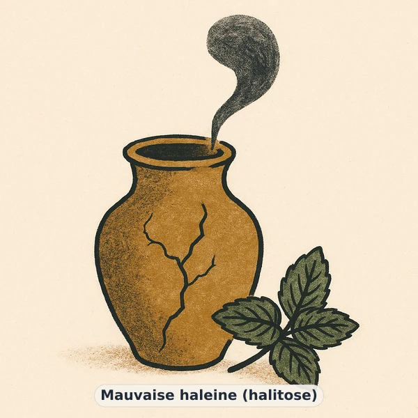 Illustration éditoriale du symptôme « Mauvaise haleine (halitose) » : métaphore visuelle apaisante évoquant un déséquilibre de confort digestif