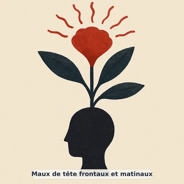 Illustration éditoriale du symptôme « Maux de tête frontaux et matinaux » : spirale concentrique aux teintes sourdes, représentation apaisante évoquant un déséquilibre de tension artérielle