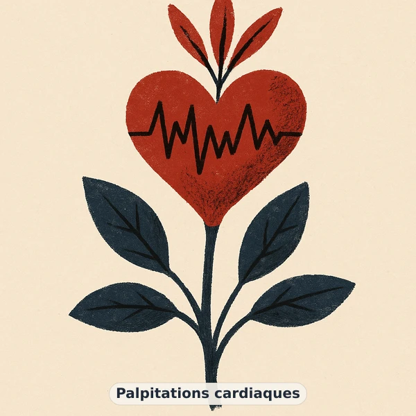 Illustration éditoriale du symptôme « Palpitations cardiaques » : cœur-fleur traversé d'une ligne d'électrocardiogramme, représentation apaisante évoquant un déséquilibre de tension artérielle
