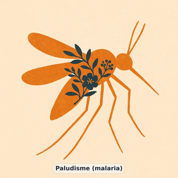 Illustration éditoriale du symptôme « Paludisme (malaria) » : métaphore visuelle apaisante évoquant un déséquilibre de énergie et vitalité