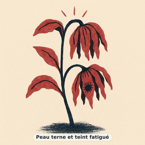Illustration éditoriale du symptôme « Peau terne et teint fatigué » : paysage pastel matinal aux contours doux, représentation apaisante évoquant un déséquilibre de beauté de la peau