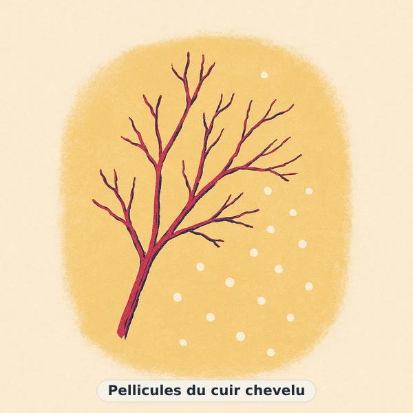 Illustration éditoriale du symptôme « Pellicules du cuir chevelu » : métaphore visuelle apaisante évoquant un déséquilibre de beauté de la peau