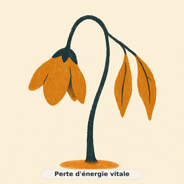 Illustration éditoriale du symptôme « Perte d'énergie vitale » : flamme intérieure réduite à une braise dorée, représentation apaisante évoquant un déséquilibre de énergie et vitalité