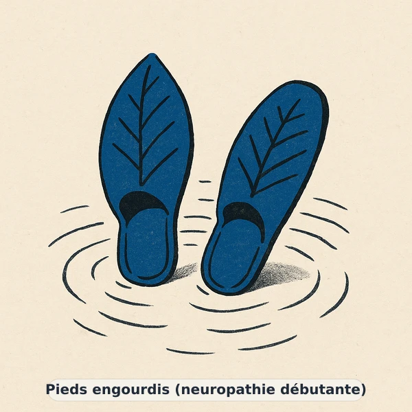 Illustration éditoriale du symptôme « Pieds engourdis (neuropathie débutante) » : métaphore visuelle apaisante évoquant un déséquilibre de équilibre glycémique