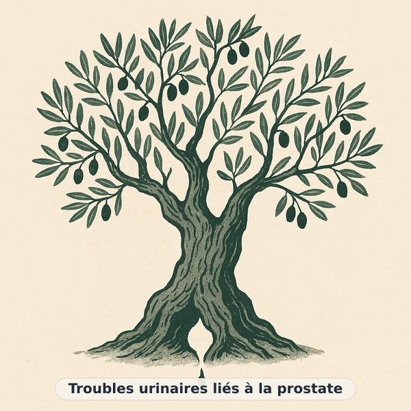 Illustration éditoriale du symptôme « Troubles urinaires liés à la prostate » : vieil olivier à l'écorce travaillée portant encore ses fruits, représentation apaisante évoquant un déséquilibre de vitalité masculine