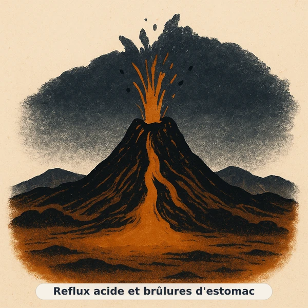 Illustration éditoriale du symptôme « Reflux acide et brûlures d'estomac » : paysage volcanique au crépuscule chaud, représentation apaisante évoquant un déséquilibre de confort digestif