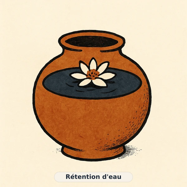 Illustration éditoriale du symptôme « Rétention d'eau » : vase rempli à ras bord avec un nénuphar flottant, représentation apaisante évoquant un déséquilibre de gestion du poids