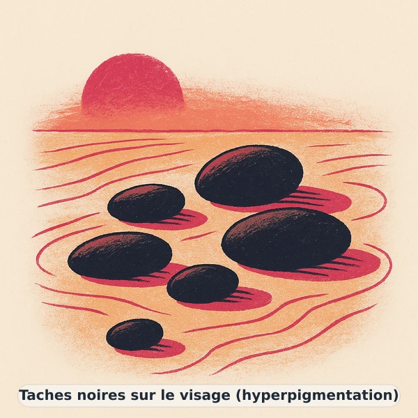 Illustration éditoriale du symptôme « Taches noires sur le visage (hyperpigmentation) » : métaphore visuelle apaisante évoquant un déséquilibre de beauté de la peau