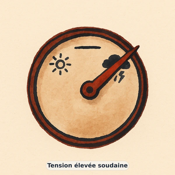 Illustration éditoriale du symptôme « Tension élevée soudaine » : métaphore visuelle apaisante évoquant un déséquilibre de tension artérielle