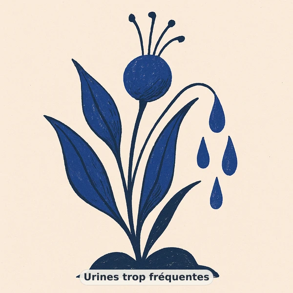 Illustration éditoriale du symptôme « Urines trop fréquentes » : sablier inversé avec gouttes qui tombent, représentation apaisante évoquant un déséquilibre de équilibre glycémique