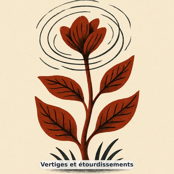 Illustration éditoriale du symptôme « Vertiges et étourdissements » : horizon incliné aux lignes douces qui ondulent, représentation apaisante évoquant un déséquilibre de tension artérielle