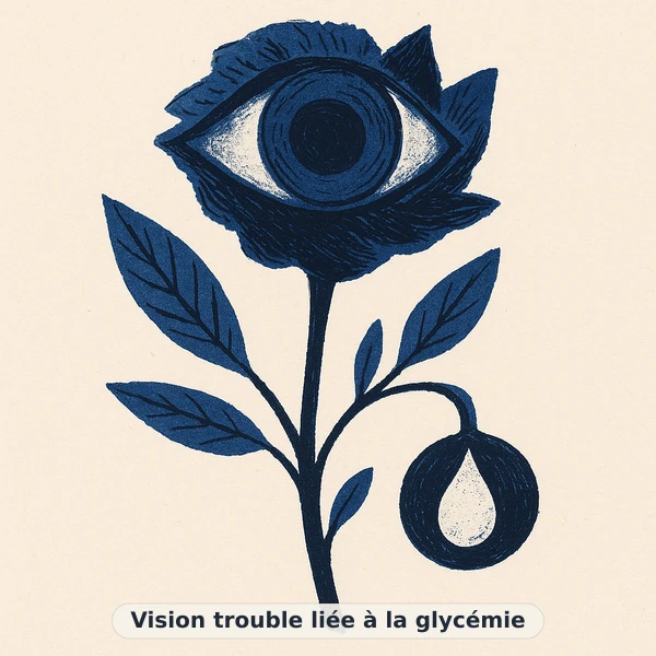 Illustration éditoriale du symptôme « Vision trouble liée à la glycémie » : paysage flou aux contours diffus en lumière dorée, représentation apaisante évoquant un déséquilibre de équilibre glycémique