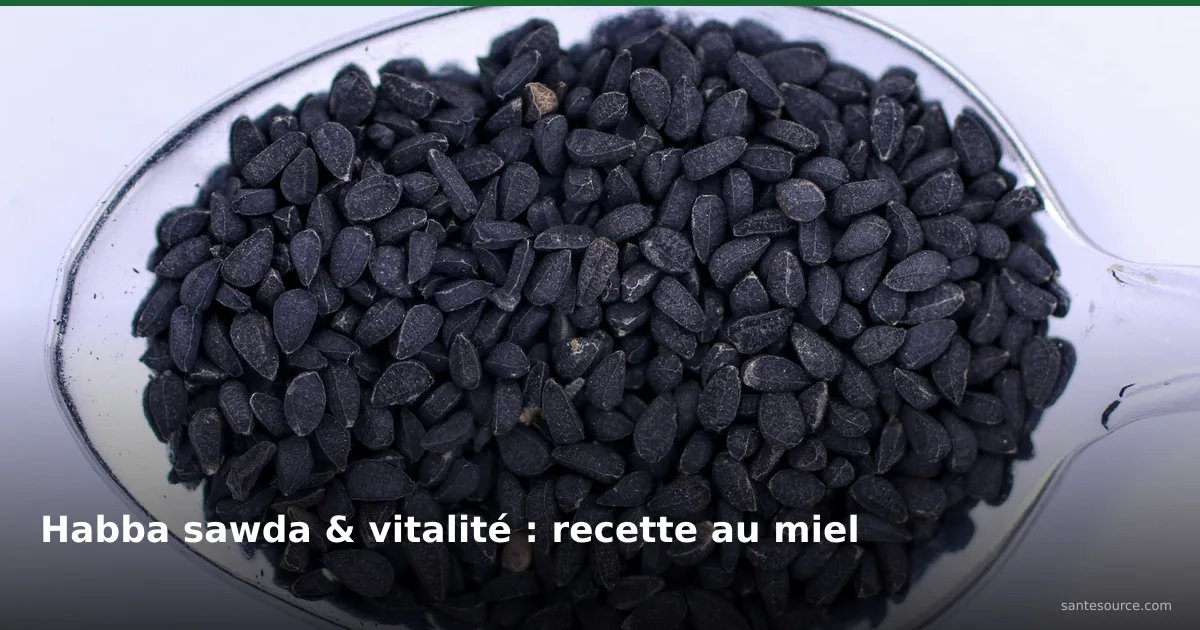 Graines de habba sawda sur une cuillère, ingrédient clé de la recette au miel pour la vitalité masculine