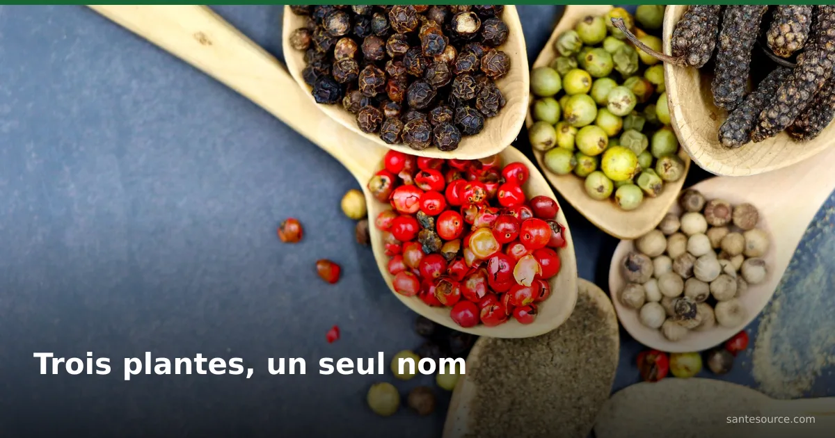 Cuillères en bois présentant plusieurs poivres séchés, illustrant la confusion autour du poivre de Guinée