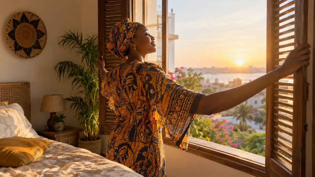 Une Sénégalaise ouvre les volets au lever du soleil et s'étire doucement.